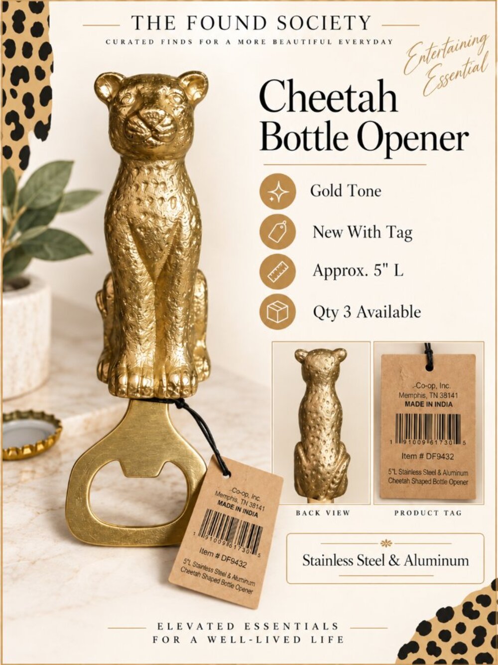 NWT Creative Co-Op Gold Cheetah Leopard Bottle Opener Barware